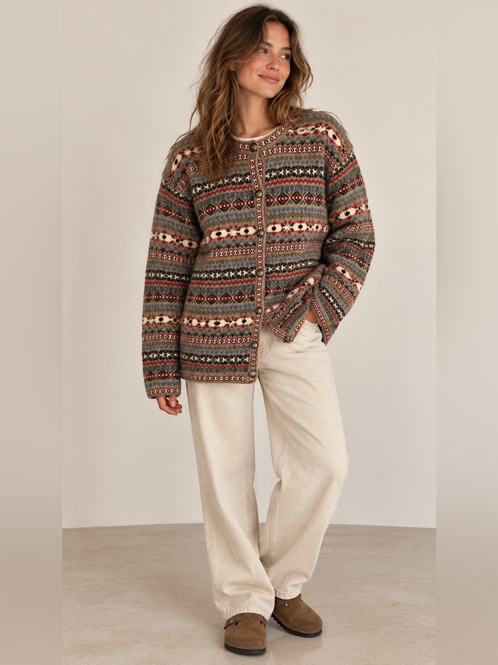 Vintage Pure Virgin Wool Fair Isle Cardigan Cozy Granola Nordic Sweater sz large